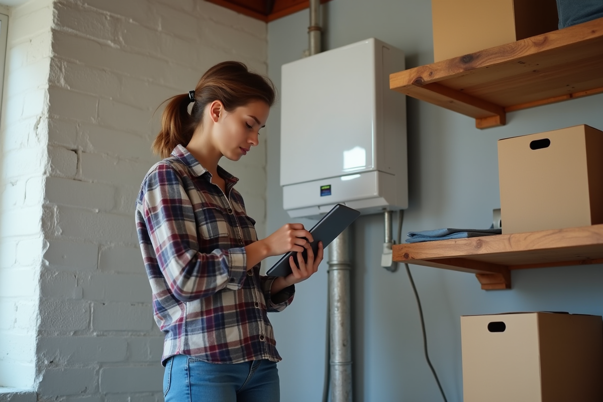Jeune technicienne observe un systeme de ventilation dans un logement