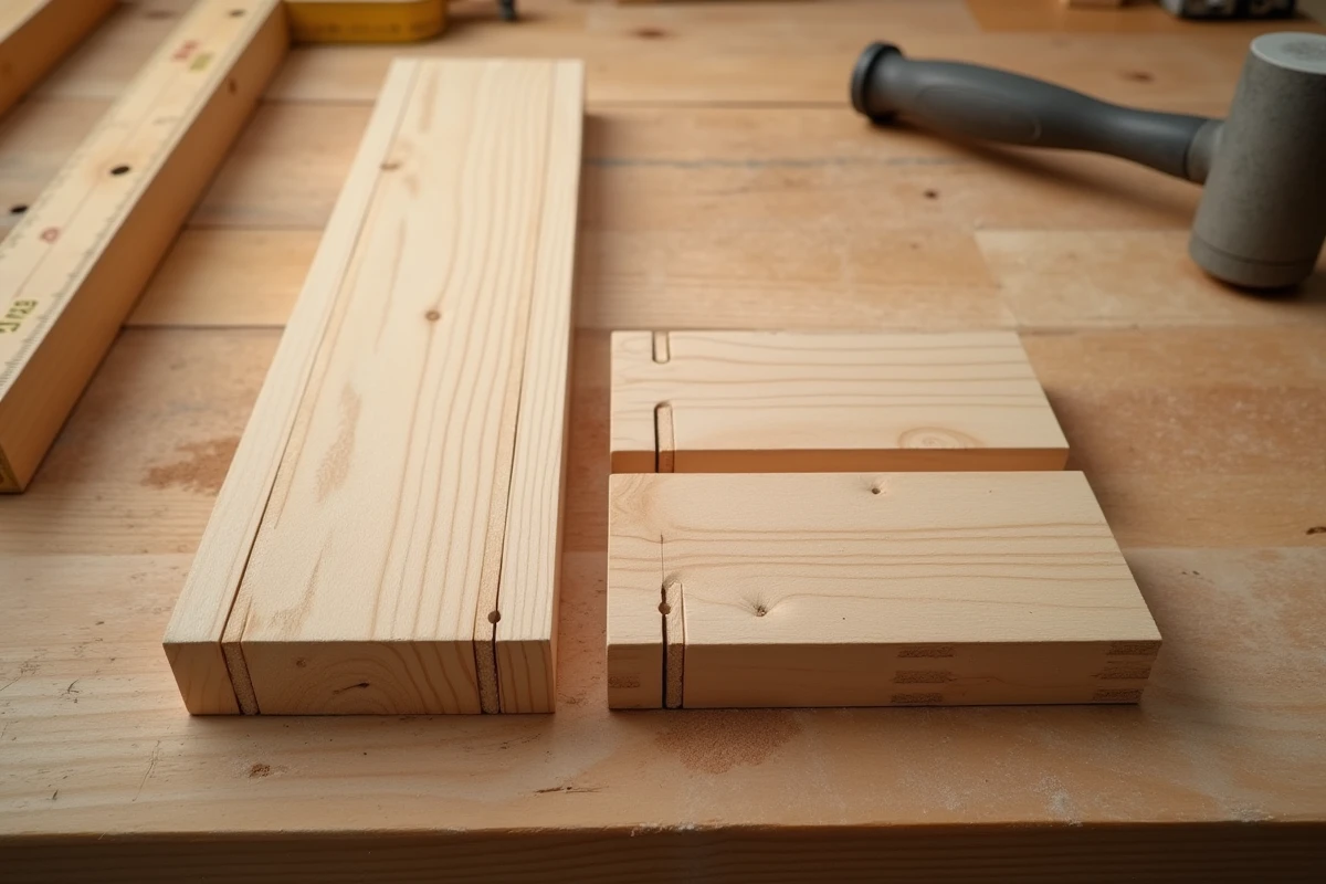 Vue rapprochée d'un tenon et d'une mortaise en bois de pin posés sur un établi, guide assemblage menuiserie débutant