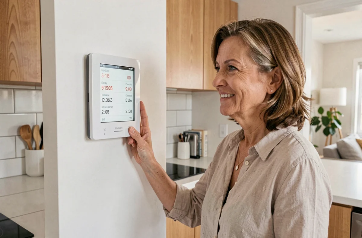 Femme consultant le thermostat connecté d'une pompe à chaleur dans une cuisine moderne