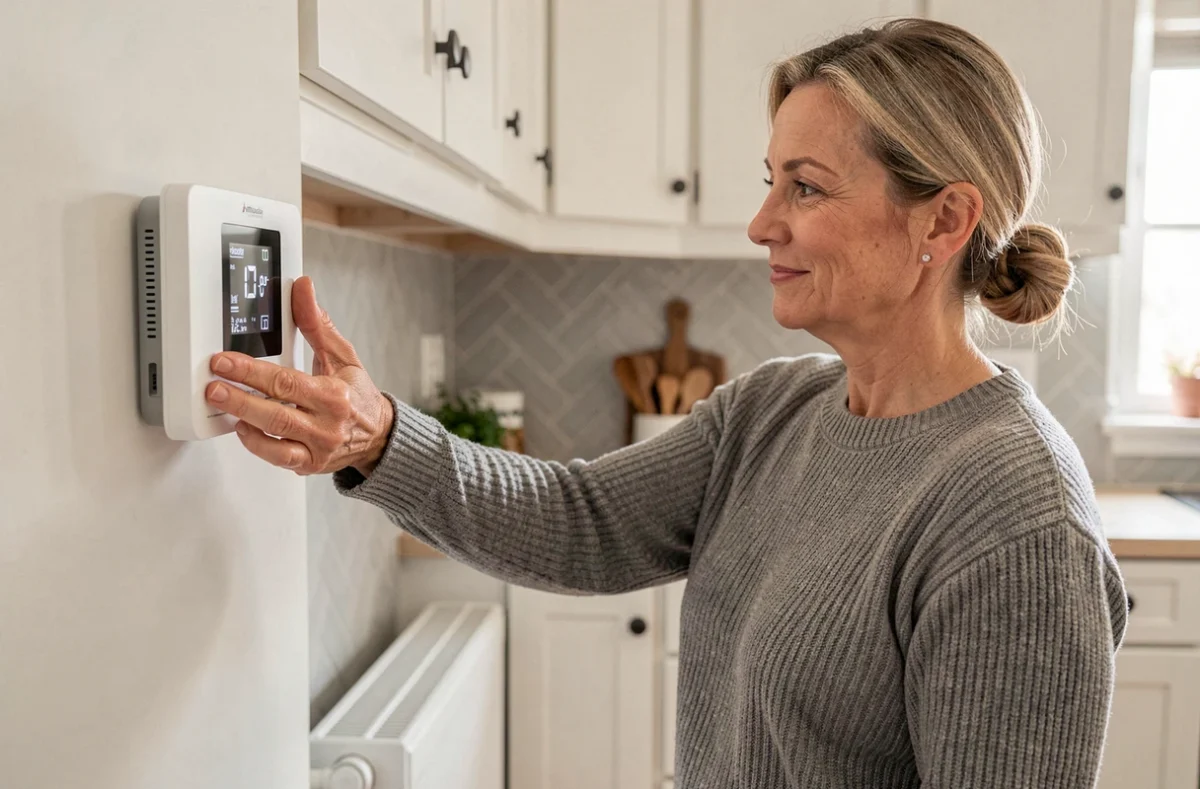Femme réglant le thermostat d'une pompe à chaleur Mitsubishi air/eau dans une cuisine moderne