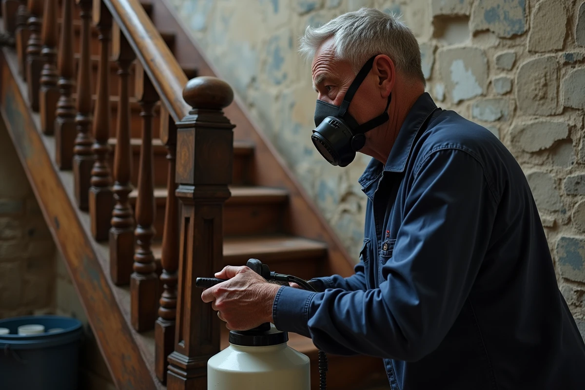 Technicien appliquant un traitement insecticide sur un escalier en bois de pin infesté par des mites du bois dans une maison de campagne