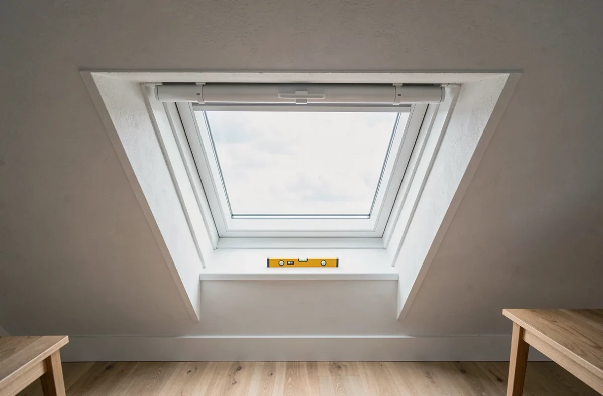 Vue intérieure d'un Velux 55x78 installé dans une chambre mansardée avec joint silicone et niveau à bulle