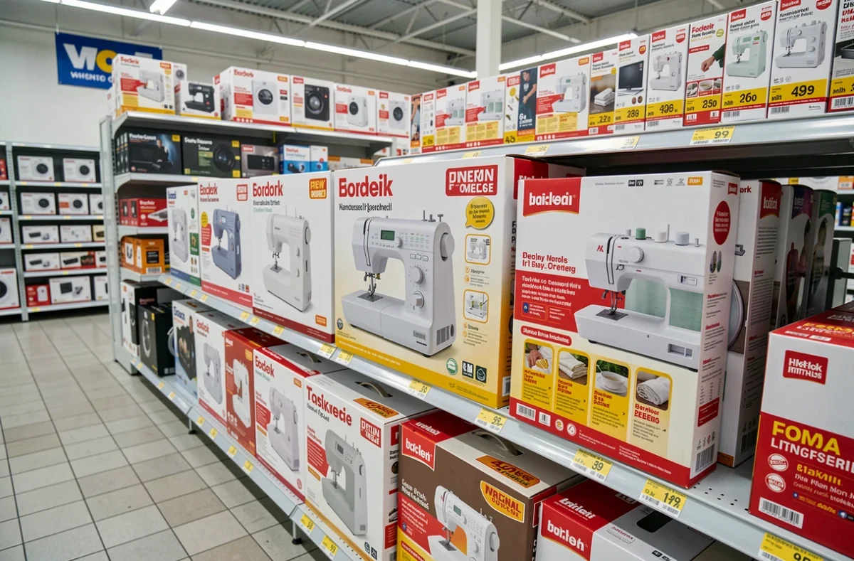 Rayon de grande surface discount présentant des boîtes de machines à coudre en vente avec étiquettes promotionnelles et prix affichés