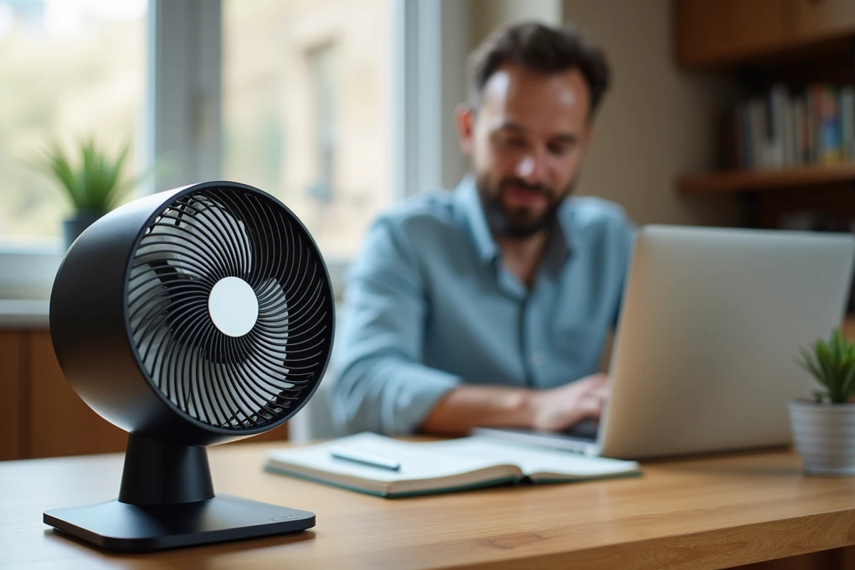 Petit ventilateur de bureau posé sur un bureau en bois avec un homme travaillant sur ordinateur en arrière-plan