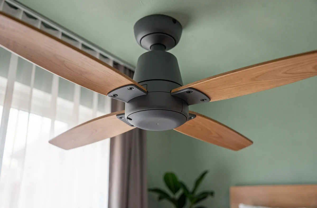 Gros plan sur un ventilateur de plafond design bois et métal dans une chambre peinte en vert sauge