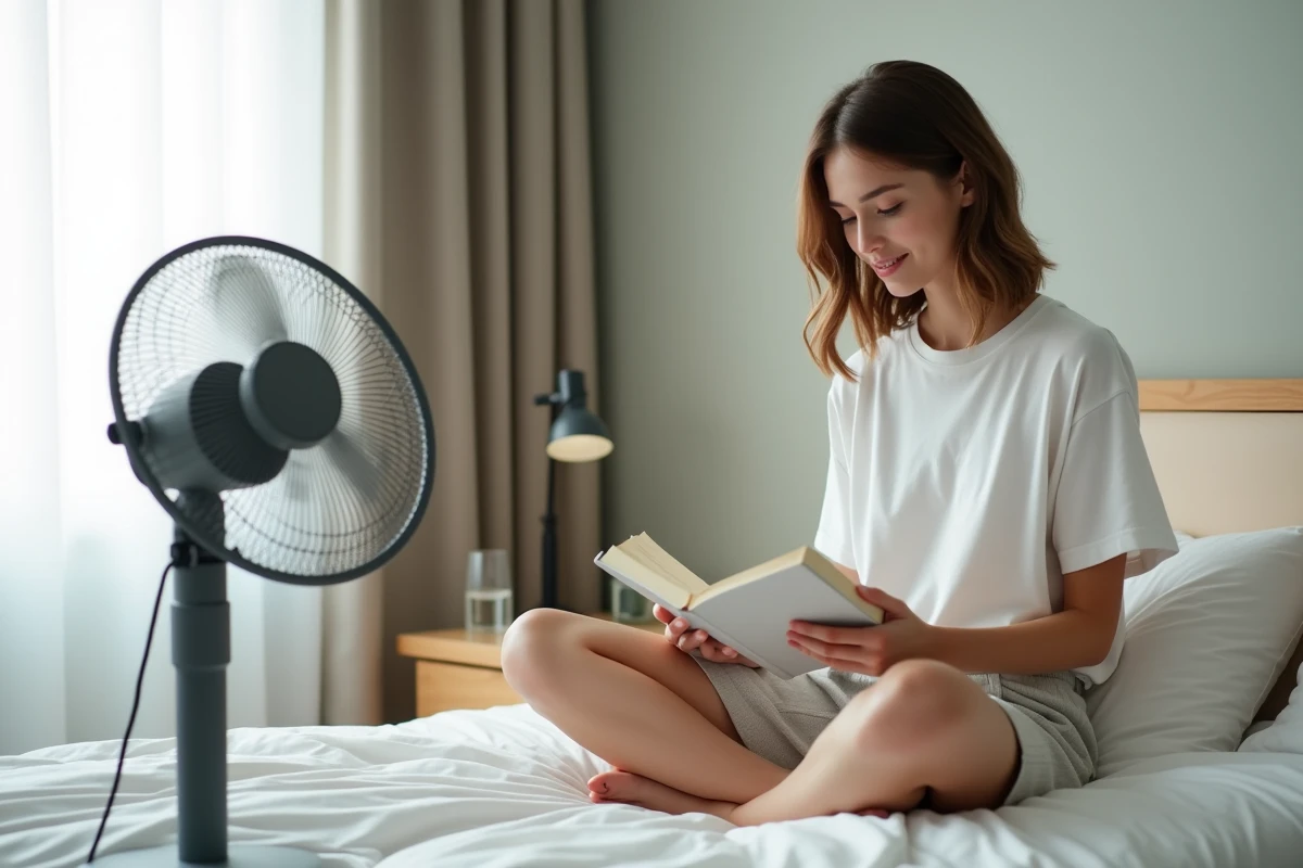 Femme lisant un livre dans une chambre avec un ventilateur sur pied gris à ses côtés en été