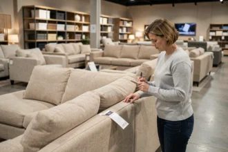 Femme examinant une étiquette de canapé dans un magasin de meubles BUT avant un achat et une livraison à domicile
