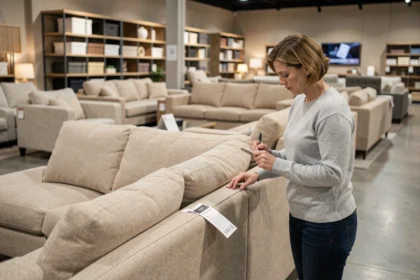 Femme examinant une étiquette de canapé dans un magasin de meubles BUT avant un achat et une livraison à domicile