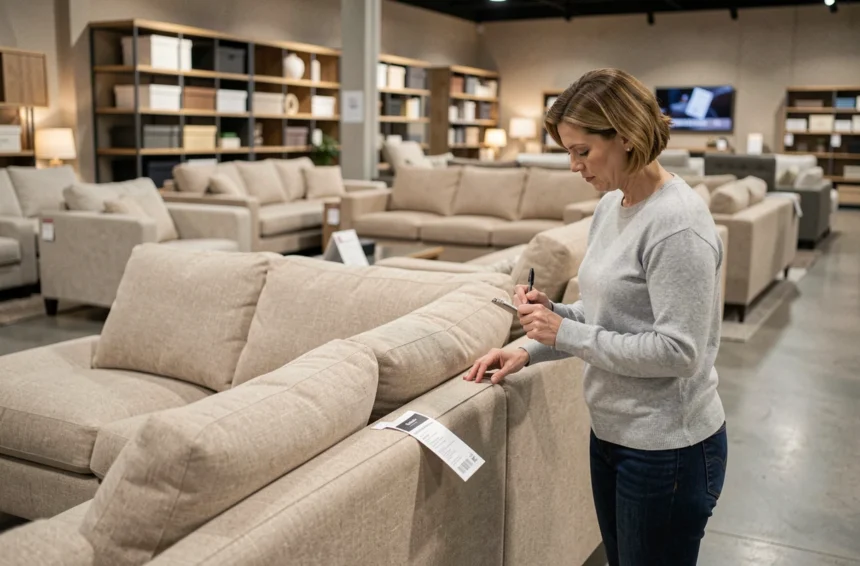 Femme examinant une étiquette de canapé dans un magasin de meubles BUT avant un achat et une livraison à domicile