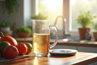 Verre mesure 250 ml sur plan de travail en bois avec ingrédients frais