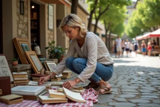 Femme d'âge moyen triant des livres et céramiques lors d'un vide grenier