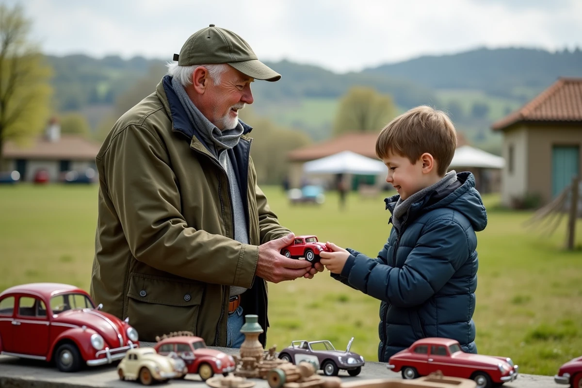 Homme retraité offrant une petite voiture à un garçon au vide grenier
