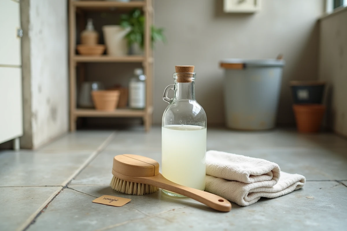 Bouteille de vinaigre blanc et brosse pour nettoyer un sol en lino