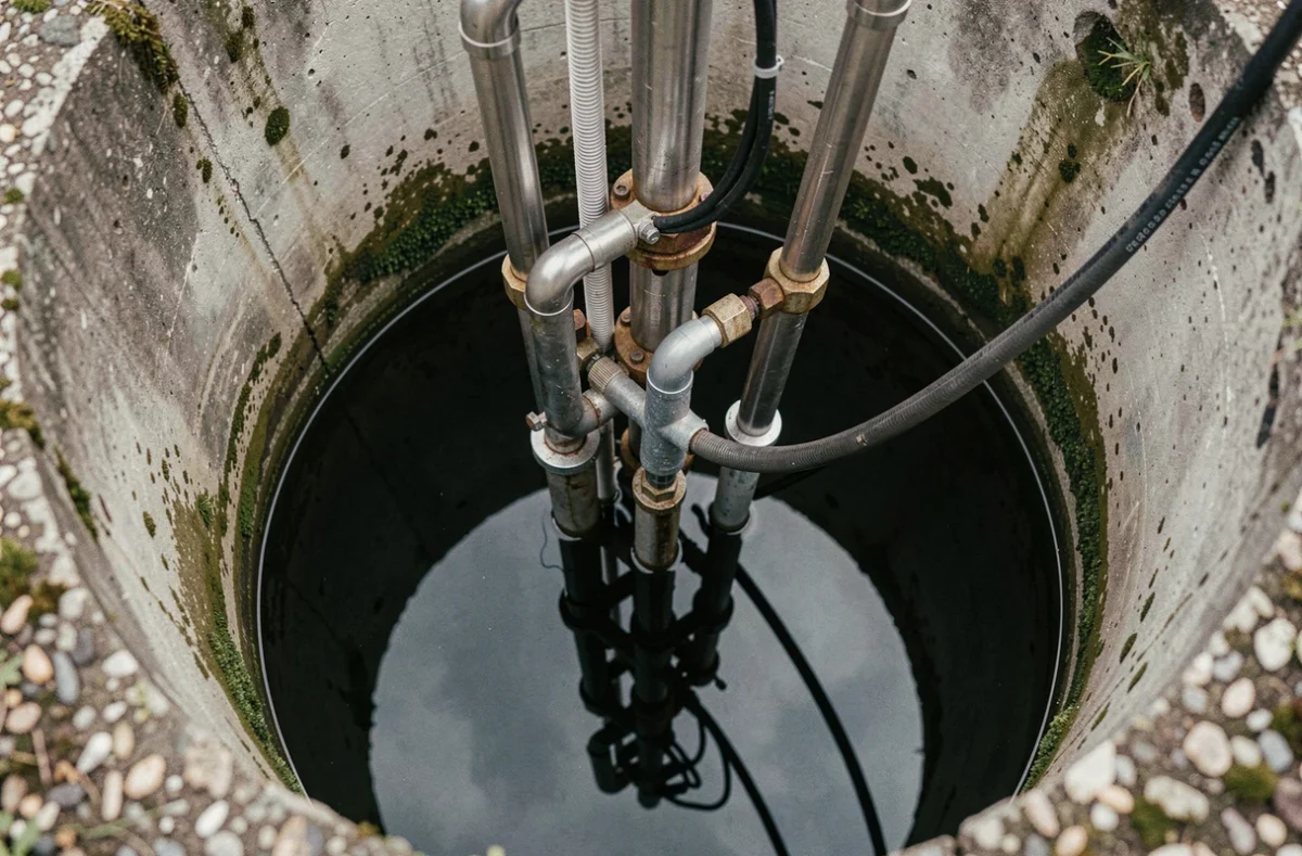 Vue plongeante dans un puits avec pompe immergée et tuyauteries pour système géothermique eau/eau